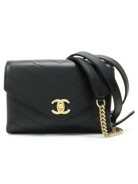 Chanel Chain Belt Pouch Shoulder Bag Calf Leather Black Gold 8 X main image 10
